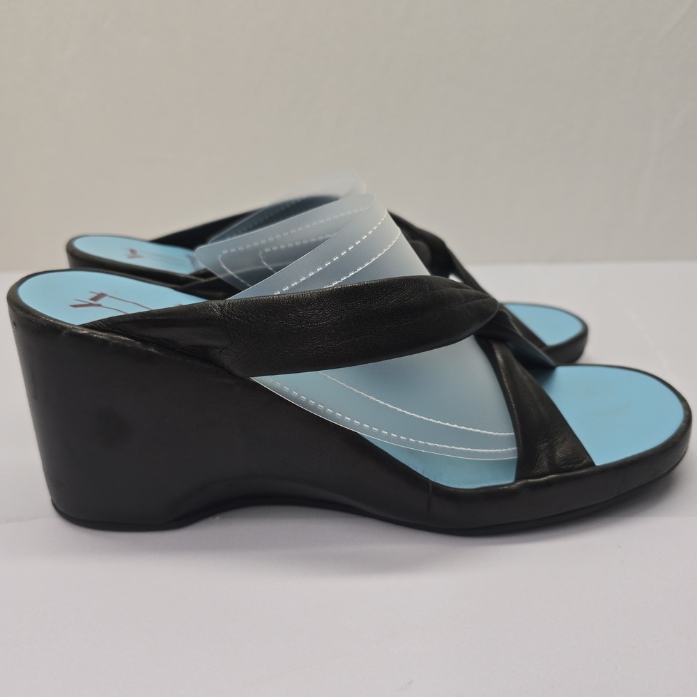 Thierry Rabotin Black Leather Wedge Sandals Blue Insole Made in Italy Size 41
